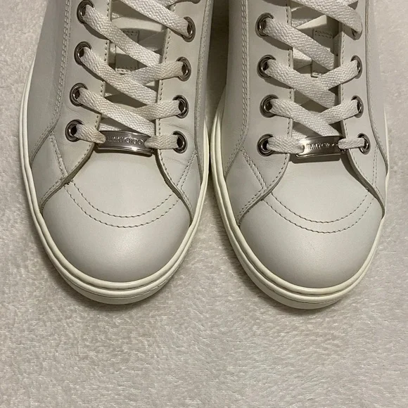 Jimmy Choo Off-White Leather Low-Top Sneakers with Silver Accents - Picture 2 of 11